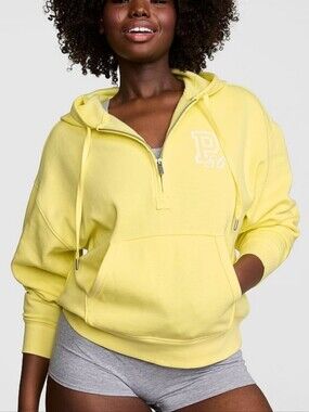 PINK by Victorias Secret HALF ZIP CAMPUS FLEECE HOODIE Embroidered Pineapple Ice